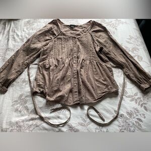 Y2K Dots Taupe Brown Cotton Peasant Blouse Top XL Cottagecore Goblincore Neutral